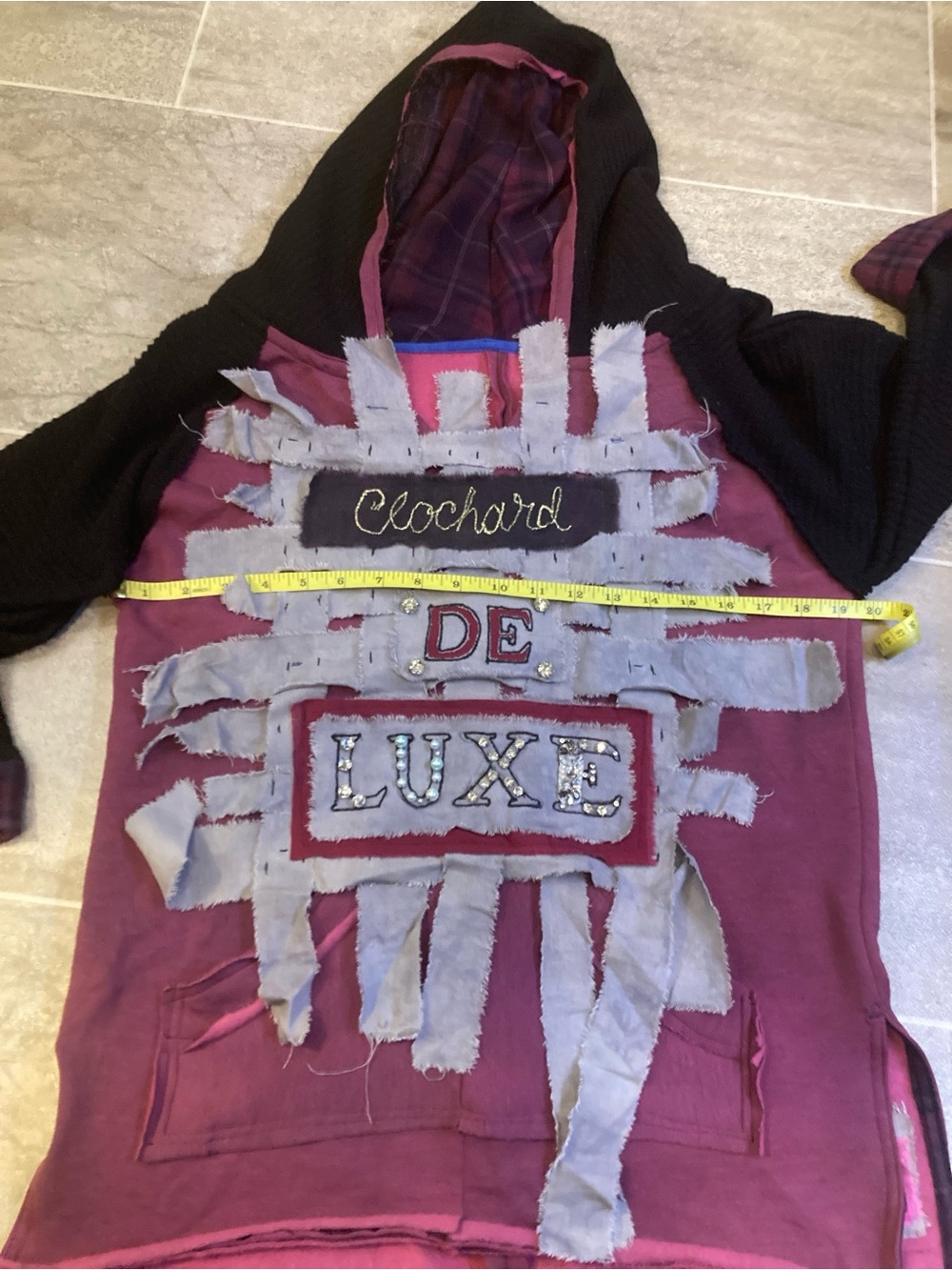 Hand Crafted Burgundy & Black Hooded Sweatshirt with 'De Luxe' Patch - Picture 9 of 11